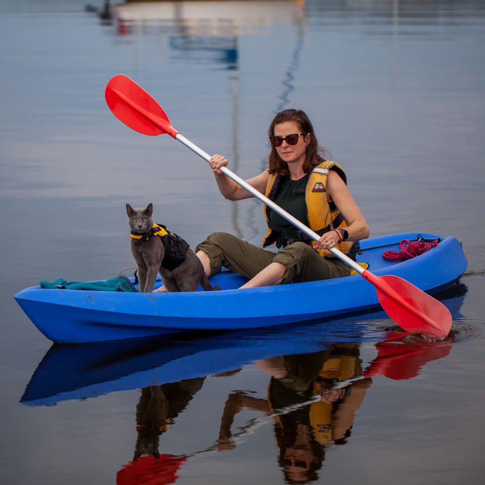 Adventure cat sitting calmly in a kayak beside guardian; practising calm on the water skills.